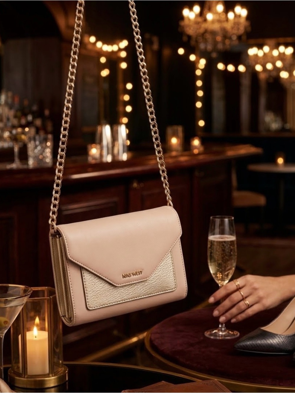 Nine West Nude Mini Envelope Crossbody with Gold Chain